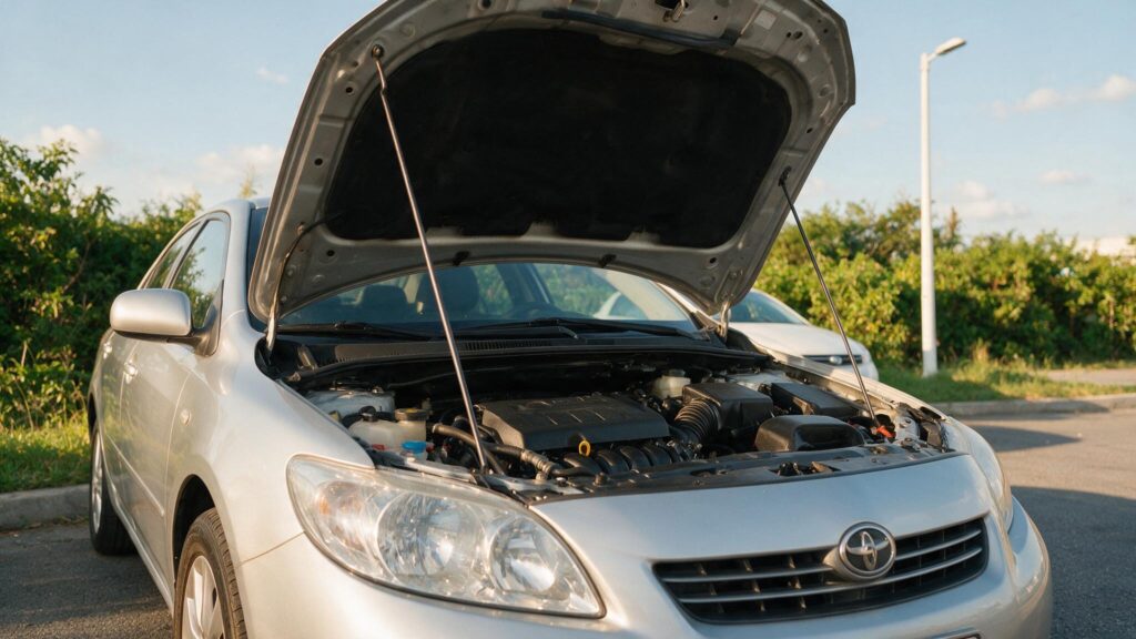 Conductor revisando los neumáticos del coche después de las vacaciones
