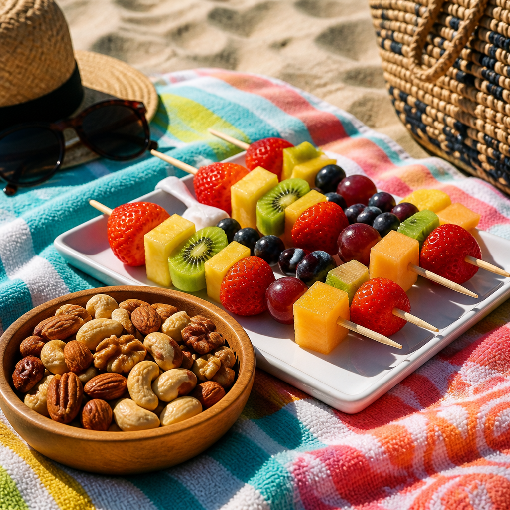 Snacks saludables para vacaciones con fruta, frutos secos, hummus y verduras frescas